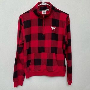 Pink Red, Black Buffalo Plaid Quarter Zip Jacket Size Large Festive Holiday